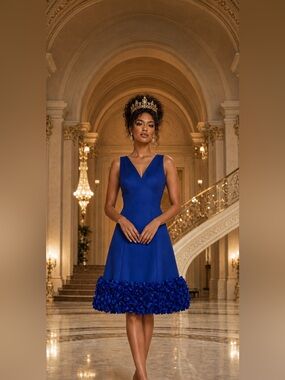 Donna Ricco Royal Blue V-Neck Floral Ruffle Hem Dress Size 4